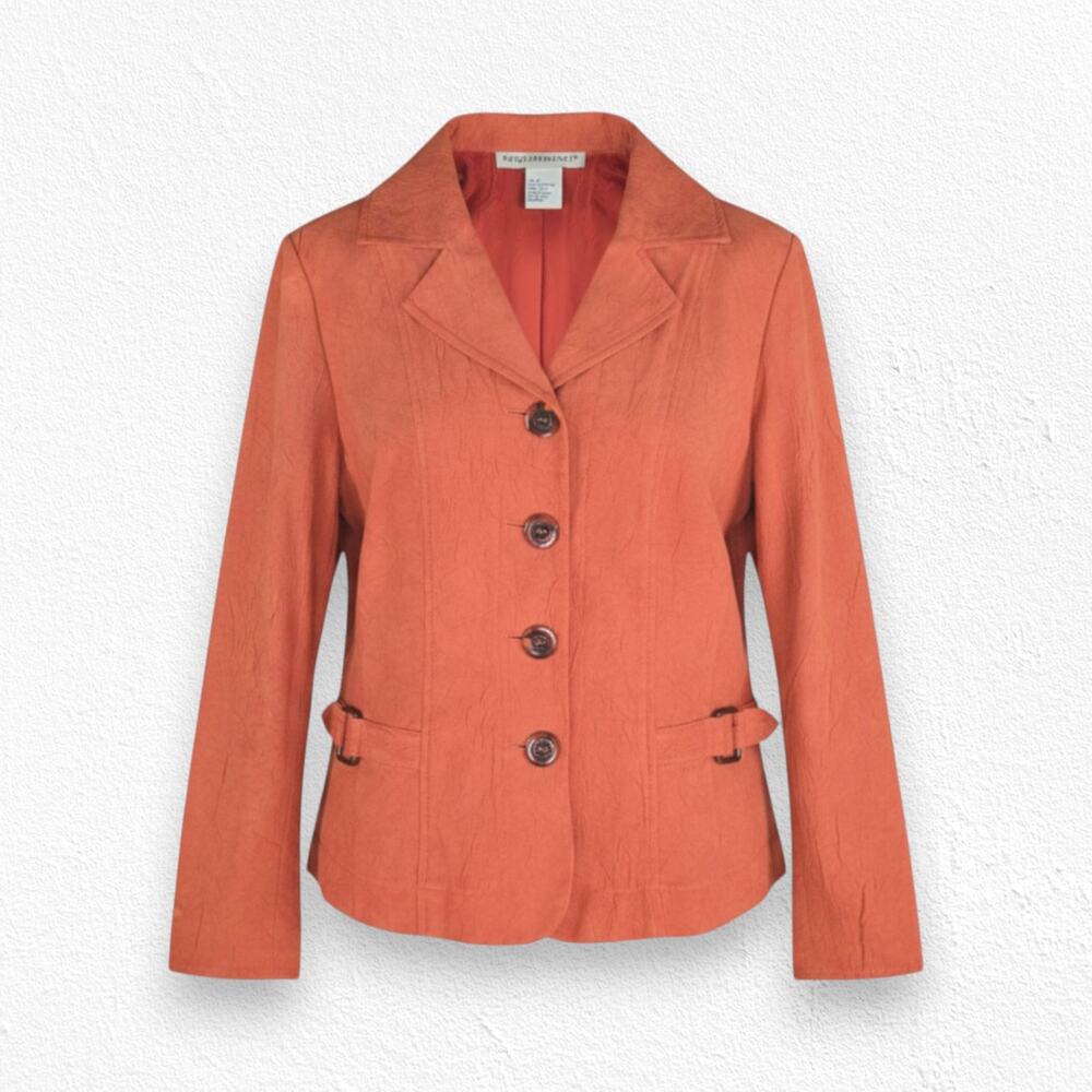 90s Vintage Pumpkin Orange Faux Suede Buckle Retro Blazer Jacket Size Small